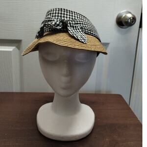 Marcus Adler New York Blue White Check Paper Brim Bow Beach Visor Hat One Size